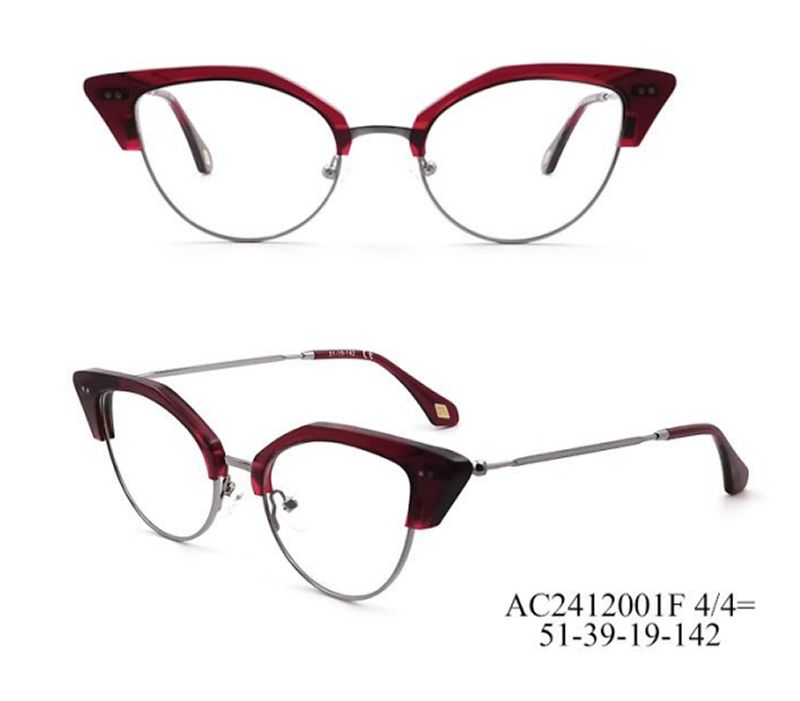 Vintage Cat-Eye Thin-Rim Semi-Rimless Glasses (Burgundy)
