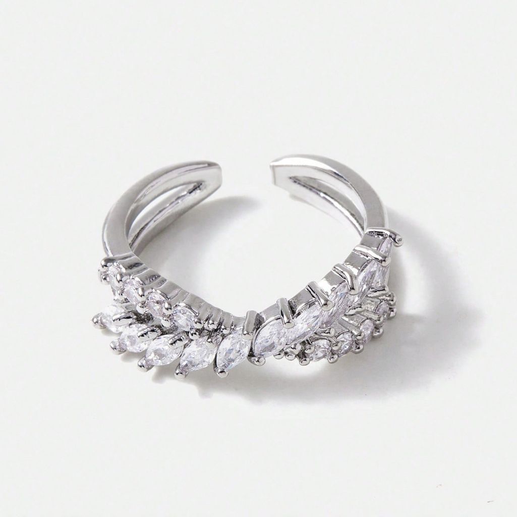 Silver Leaf-Shaped Diamond Ring