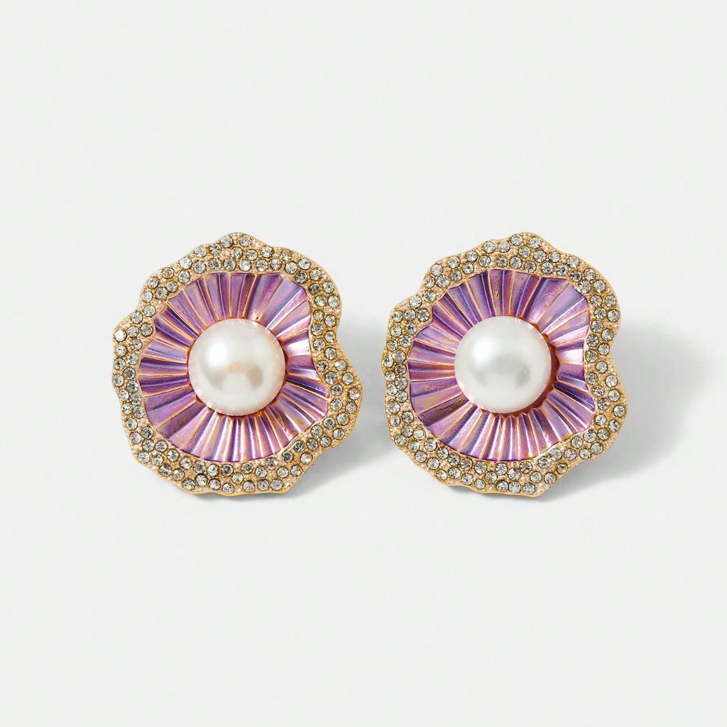 Purple Pearl Flower-Shaped Earrings
