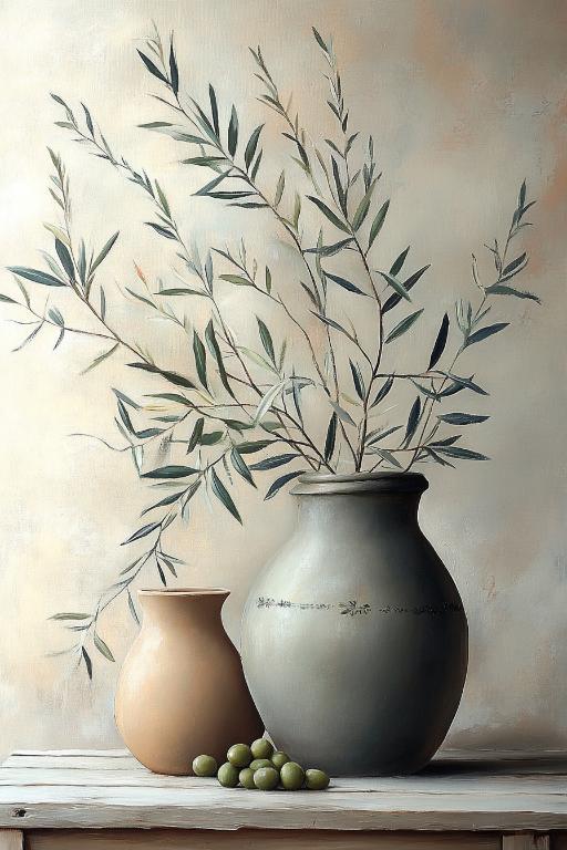 Minimalist Hand-Painted Olive Branch Decorative Vase Set