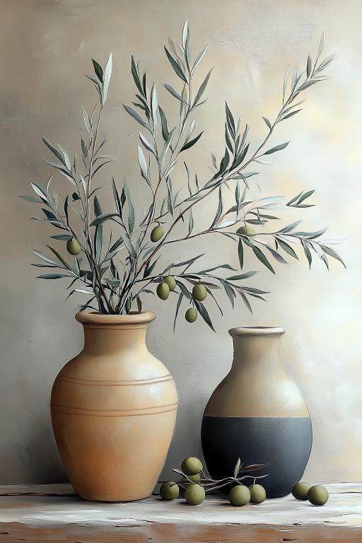 Minimalist Hand-Painted Olive Branch Decorative Vase Set 2